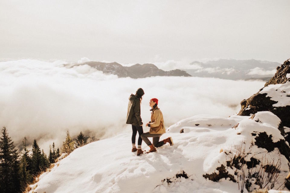 <p>The feeling of being in love has been compared to floating, so why not propose among the clouds? This surreal engagement shoot took place atop Saddle Mountain in Oregon. </p><p><em>Via <a rel="nofollow noopener" href="https://dylanmhowell.com/" target="_blank" data-ylk="slk:Dylan Howell Photography;elm:context_link;itc:0;sec:content-canvas" class="link ">Dylan Howell Photography</a> and <a rel="nofollow noopener" href="http://junebugweddings.com/wedding-blog/this-oregon-proposal-in-the-clouds-will-blow-your-mind/" target="_blank" data-ylk="slk:Junebug Weddings;elm:context_link;itc:0;sec:content-canvas" class="link ">Junebug Weddings</a></em><br></p>