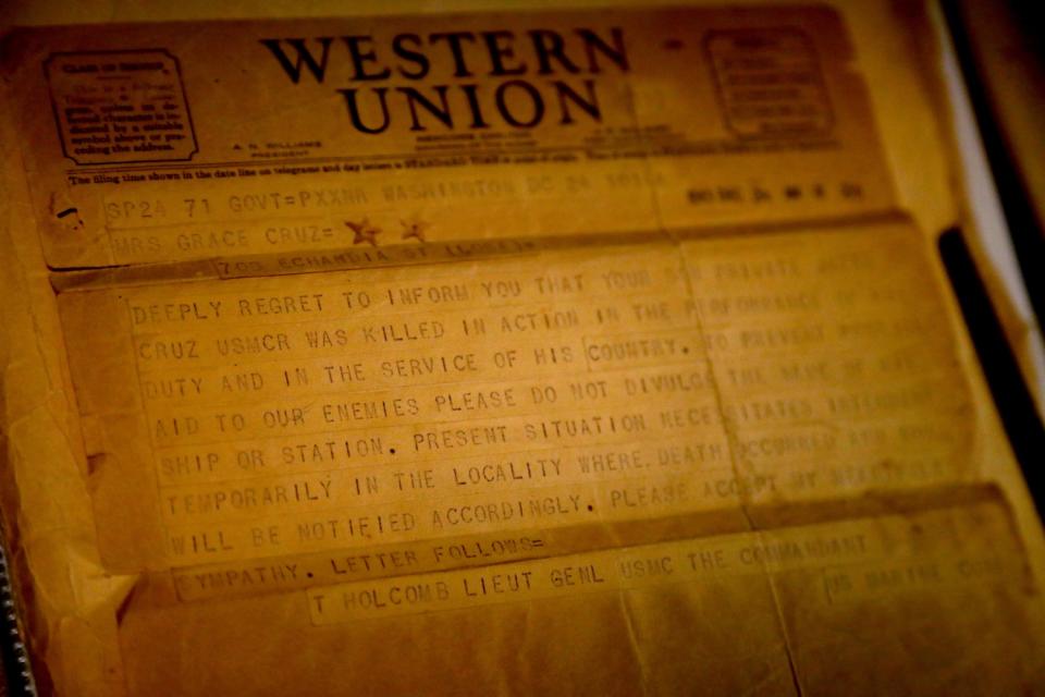A Western Union telegram stating Jacob Cruz had been killed in battle while serving during World War II.