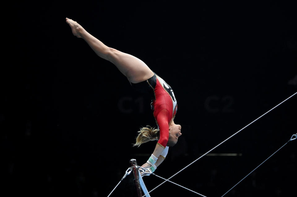 BASEL, SWITZERLAND - APRIL 24: Elisabeth Seitz of Germany competes on Uneven Bars during the Apparatus Finals of the European Artistic Gymnastics Championships at St. Jakobshalle on April 24, 2021 in Basel, Switzerland. (Photo by Matthias Hangst/Getty Images)