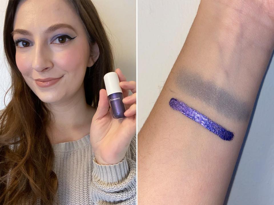 Reporter Amanda Krause wearing eye shadow from Ariana Grande's makeup line, and swatches of the product.