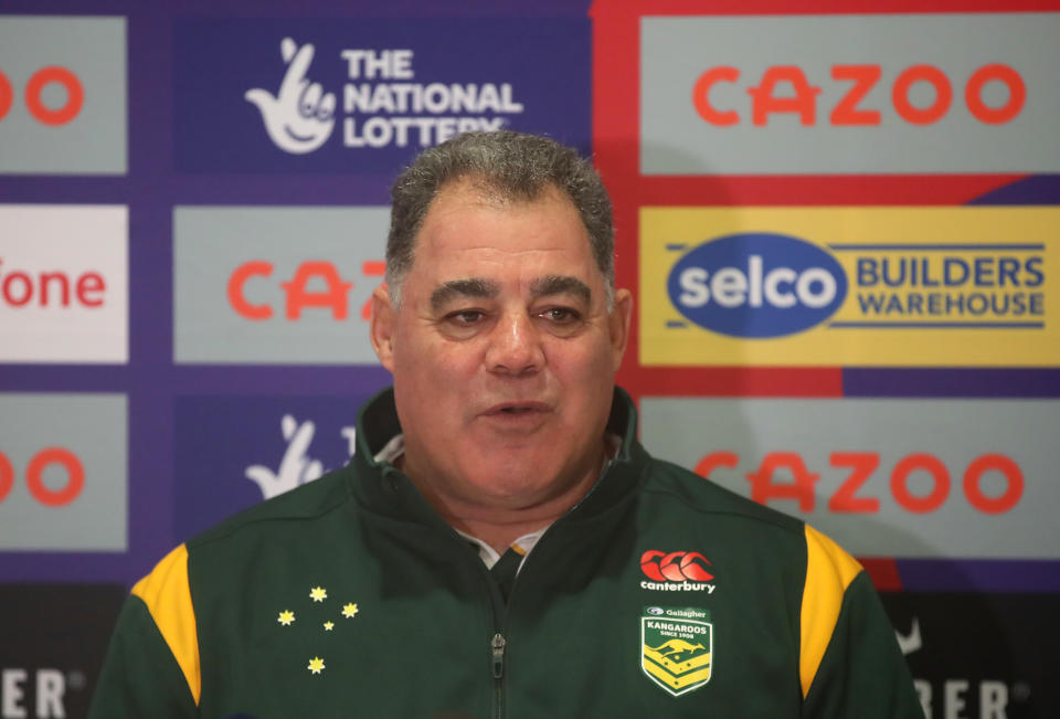 Mal Meninga, pictured here speaking to the media at the Rugby League World Cup.