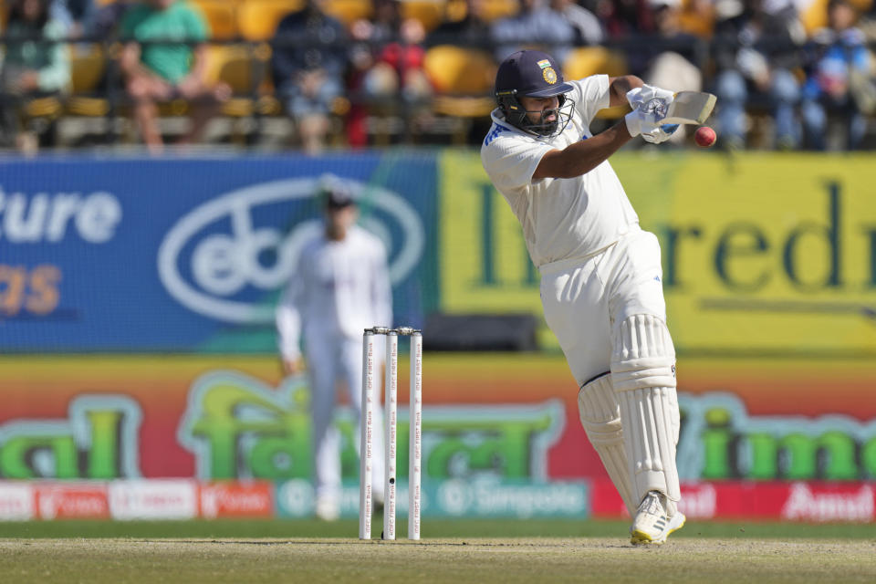 India's captain Rohit Sharma bats on the second day of the fifth and final test match between England and India in Dharamshala, India, Friday, March 8, 2024. (AP Photo/Ashwini Bhatia)