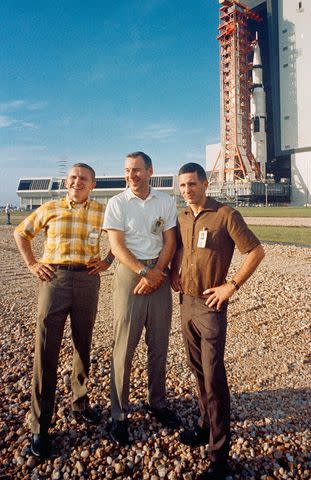 <p>NASA/Getty </p> Frank Borman, James A. Lovell Jr., and William A. Anders on October 9, 1968 in Cape Canaveral, Florida.