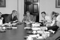 <p>President Jimmy Carter met with his top advisors and American delegation to the Mideast peace talks in the Cabinet Room of the White House in Washington on Friday, March 2, 1979. The President is planning to meet with Prime Minister Begin again on Saturday. From left are Secretary of State Cyrus Vance, Carter, and National Security Advisor Zbigniew Brzezinski. (Photo: Ira Schwarz/AP) </p>