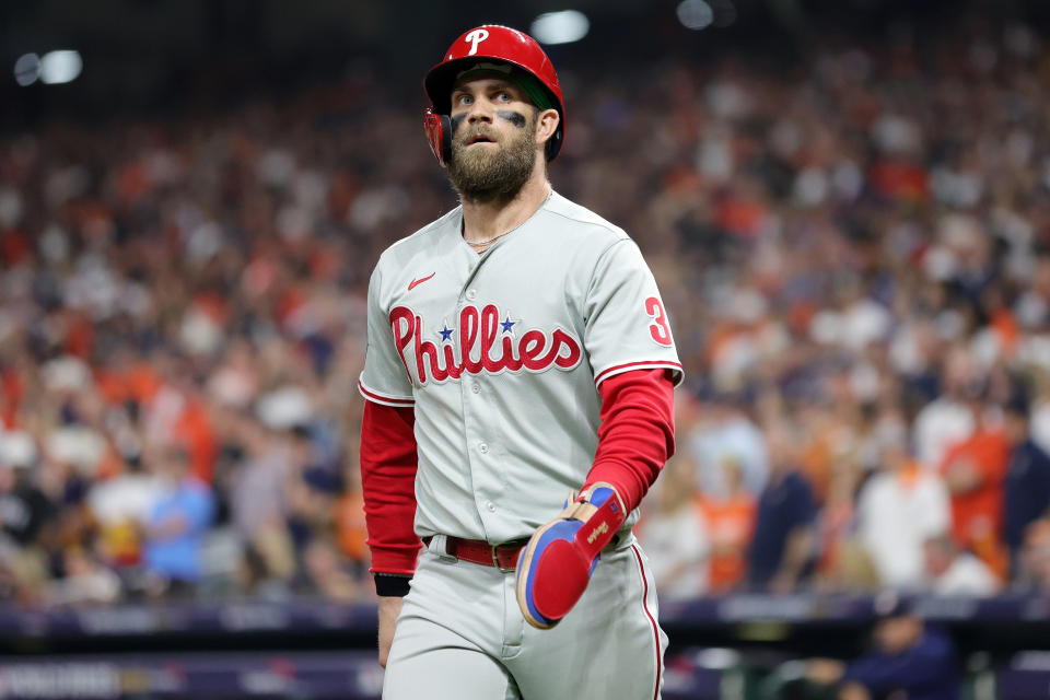 HOUSTON, TEXAS - OCTOBER 28: Bryce Harper #3 of the Philadelphia Phillies reacts after scoring a run in the fourth inning against the Houston Astros in Game One of the 2022 World Series at Minute Maid Park on October 28, 2022 in Houston, Texas. (Photo by Carmen Mandato/Getty Images)