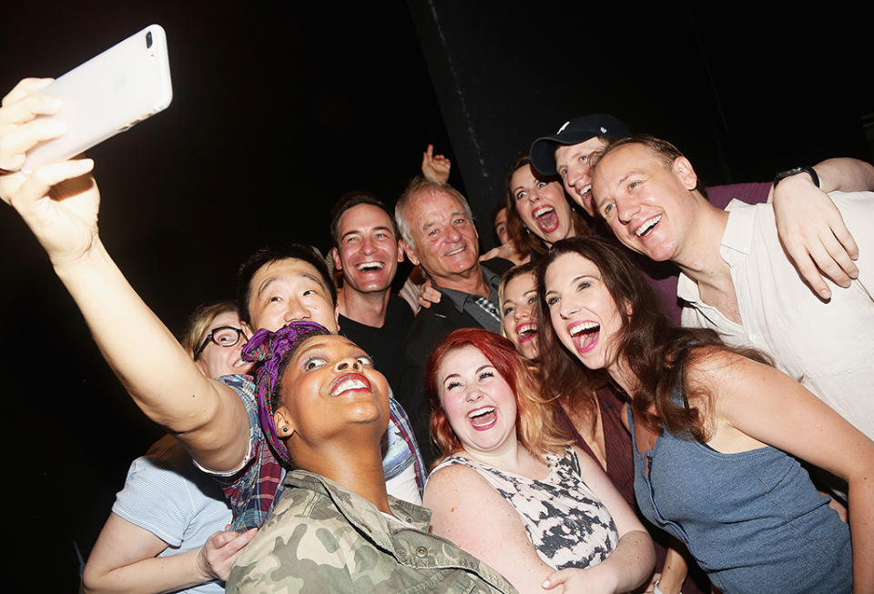 Bill Murray takes a selfie with the cast backstage at the hit musical based on the 1993 Bill Murray film <em>Groundhog Day</em> on Broadway at the August Wilson Theatre on August 8. (Photo: Bruce Glikas/Bruce Glikas/FilmMagic)