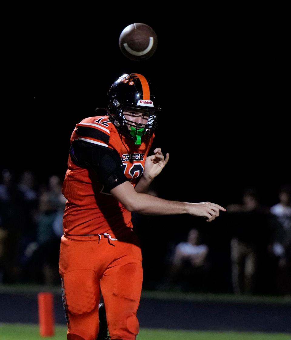 Spruce Creek's Luke Smith (12) looks to pass during a game with University at University High School in Orange City, Friday, Oct. 13, 2023.