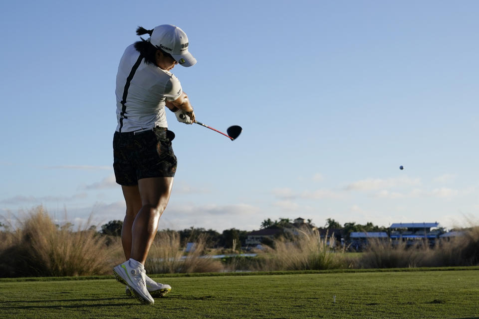 Nasa Hataoka, of Japan, plays her shot from the 18th tee during the second round of the LPGA CME Group Tour Championship golf tournament, Friday, Nov. 17, 2023, in Naples, Fla. (AP Photo/Lynne Sladky)