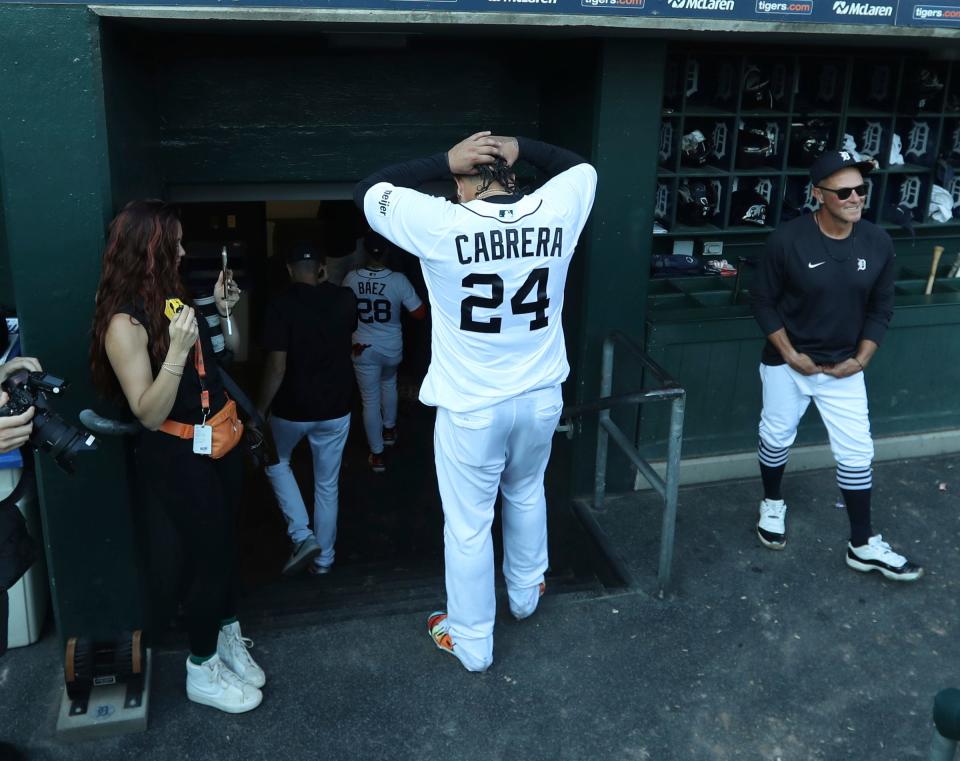 Miguel Cabrera walks into the dugout after his final game with the Detroit Tigers on Sunday, Oct. 1, 2023.