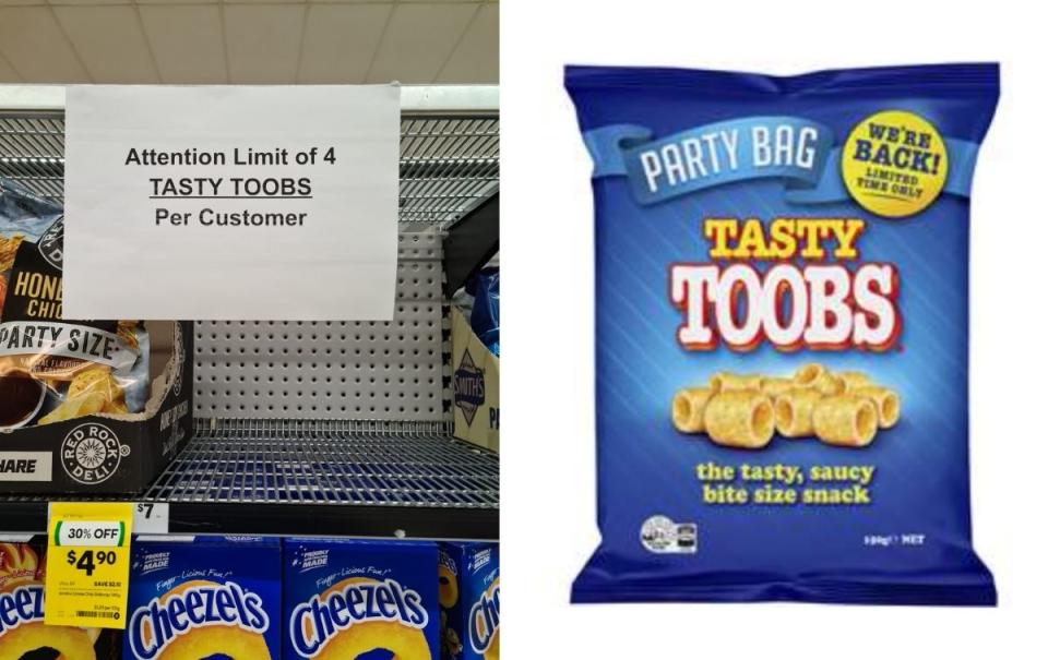 Side-by-side image. Left: Sign at Woolworths Chester Hill displaying a limit of Tasty Toobs per customer. Right: Packet of Tasty Toobs