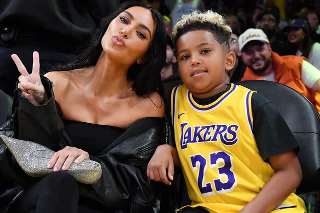 <p>Allen Berezovsky/Getty</p> Kim Kardashian took Saint West to the Lakers game on his 8th birthday