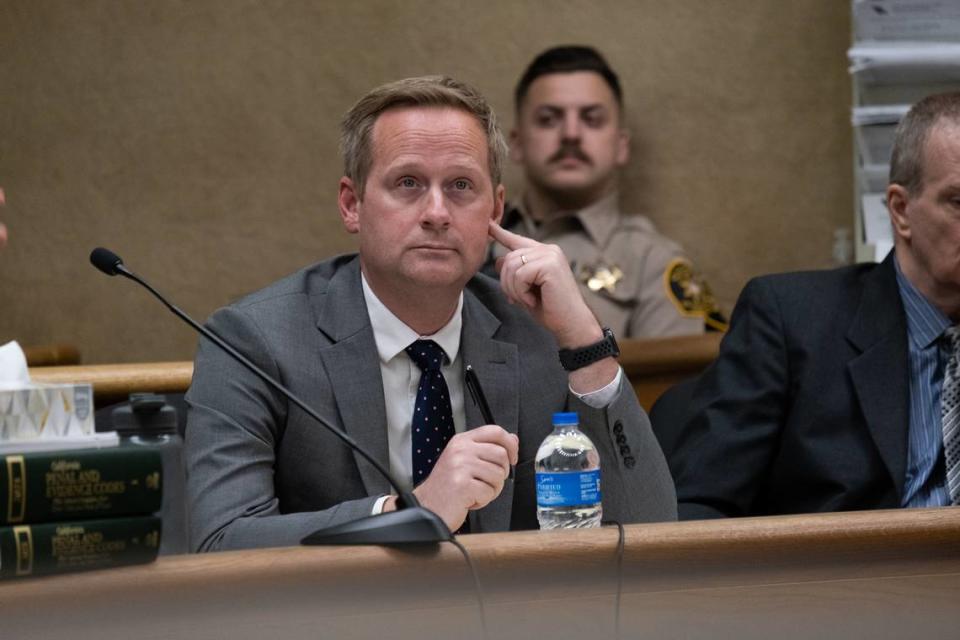 Defense attorney Tim Osman listens during the sanity phase of the trial against his client, Stephen Deflaun, in San Luis Obispo Superior Court on Apr. 24, 2023.