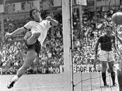 FILE - In this June 14, 1970 file photo Germany's Gerd Mueller scores the decisive third goal for Germany during the Soccer World Cup quarter finals Germany v England in Leon, Mexico. The Germans recovered from a 2-0 deficit to officially end England's reign as World Cup champions in the quarterfinals of the 1970 tournament in Mexico. (AP Photo, File)