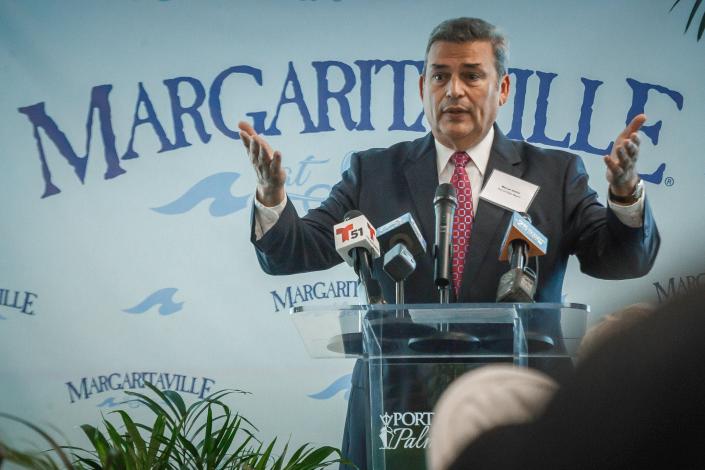 Port of Palm Beach executive director Manuel Almira talks during a press event at the Port of Palm Beach on Wednesday. The Margaritaville Paradise, the former Grand Classica, will launch service on April 30 after what is expected to be an extensive refit at Grand Bahama.