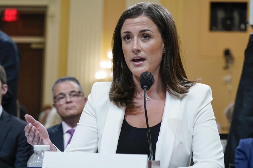 FILE - Cassidy Hutchinson, former aide to Trump White House chief of staff Mark Meadows, testifies as the House select committee investigating the Jan. 6 attack on the U.S. Capitol continues to reveal its findings of a year-long investigation, at the Capitol in Washington, Tuesday, June 28, 2022. (AP Photo/Jacquelyn Martin, File)