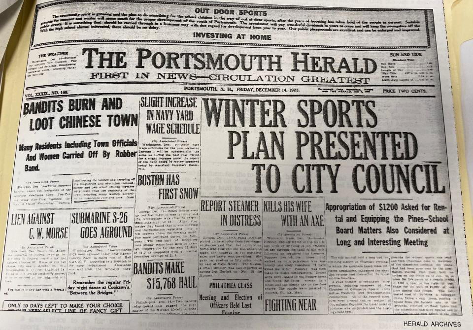 The winter sports plan at The Pines off South Street in Portsmouth was the top story in The Portsmouth Herald on Dec. 14, 1923. The article in the Portsmouth Athenaeum archives proclaims: "The community spirit is growing and the plan to do something for the school children in the way of out of door sports ... has taken hold of the people in earnest."