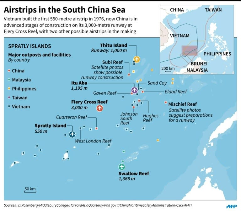 Map showing airstrips built on the disputed Spratly Islands in the South China Sea, including possible new constructions by Beijing