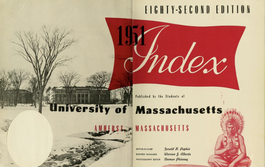 A yearboook from 1951 is adorned with the old mascot for UMass.