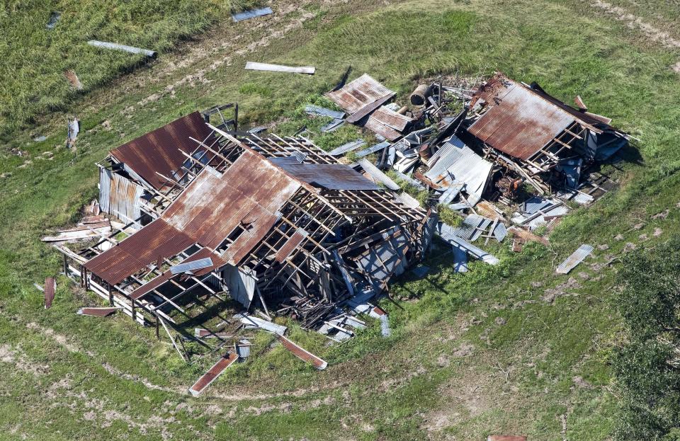 The aftermath of Hurricane Delta is seen Saturday Oct. 10, 2020, near Jennings, La. (Bill Feig/The Advocate via AP, Pool)