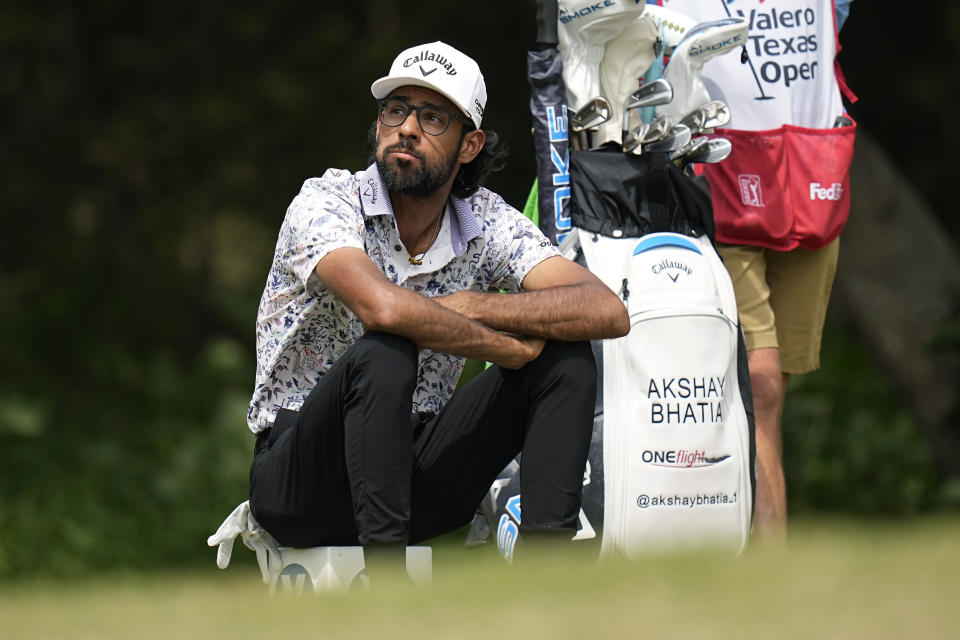 Akshay Bhatia waits to hit his tee shot on the 14th hole during the third round of the Texas Open golf tournament, Saturday, April 6, 2024, in San Antonio. (AP Photo/Eric Gay)