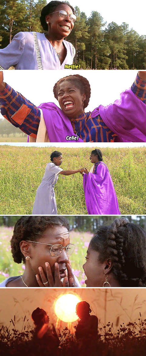 Celie and Nettie reuniting in the field at the end of "The Color Purple"