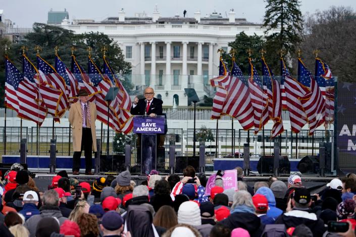 Trump attorney Rudy Giuliani speaks on Jan. 6, 2021, during a speech at the Trump rally near the White House before the Capitol riot.