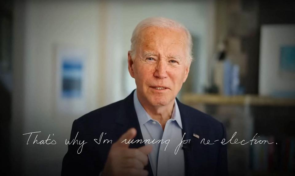 In this still image taken from a video released by the Biden Harris Presidential Campaign, U. S. President Joe Biden, on April 25, 2023, announces he is running for re-election in 2024, plunging at the record age of 80 into a ferocious new White House campaign "to finish the job."
