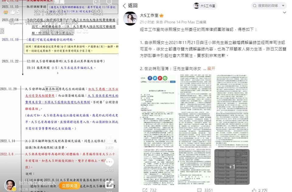 大S工作室微博上有法律認證的文件（右）反擊張蘭的Word檔說詞（左）。（翻攝微博）