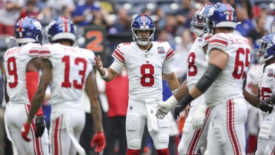 New York Giants quarterback Daniel Jones (8) reacts during the second quarter against the Houston Texans at NRG Stadium.