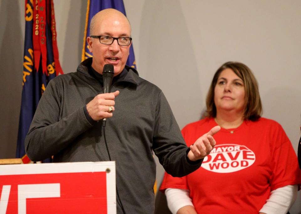 Mishawaka Mayor Dave Wood starts his “barnstorming” tour with his wife, Jaimi, Thursday, Dec. 15, 2022, at the Veterans of Foreign Wars Post 360 to announce he is running for re-election.