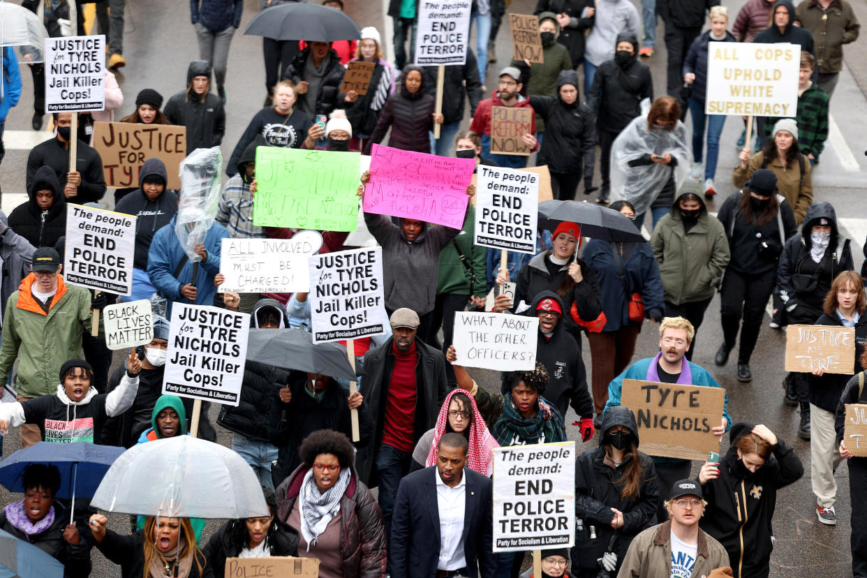 Demonstrators protest the death of Tyre Nichols on January 28, 2023 in Memphis, Tennessee. The release of a video depicting the fatal beating of Nichols, a 29-year-old Black man, sparked protests in cities throughout the country. Nichols was violently beaten for three minutes and killed by Memphis police officers earlier this month after a traffic stop. Five Black Memphis Police officers have been fired after an internal investigation found them to be â€œdirectly responsibleâ€ for the beating and have been charged with â€œsecond-degree murder, aggravated assault, two charges of aggravated kidnapping, two charges of official misconduct and one charge of official oppression.â€  (Joe Raedle / Getty Images)