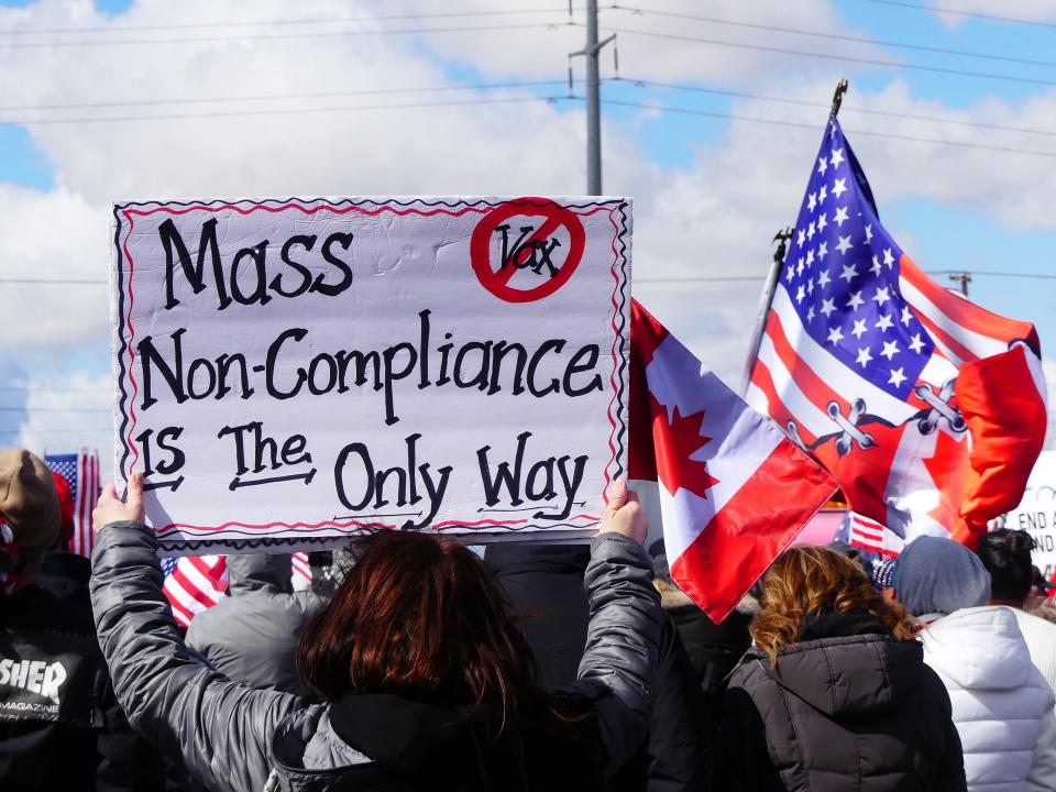 The "People’s Convoy” of semi-trucks heading towards Washington, D.C. on Wednesday began in Adelanto, California with a send-off rally, which included sign carrying and flag waving supporters.