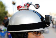 A motorbike dummy is seen on a biker's helmet who is a member of the Iraq Bikers, the first Iraqi biker group, in Baghdad, Iraq December 28, 2018. REUTERS/Thaier Al-Sudani