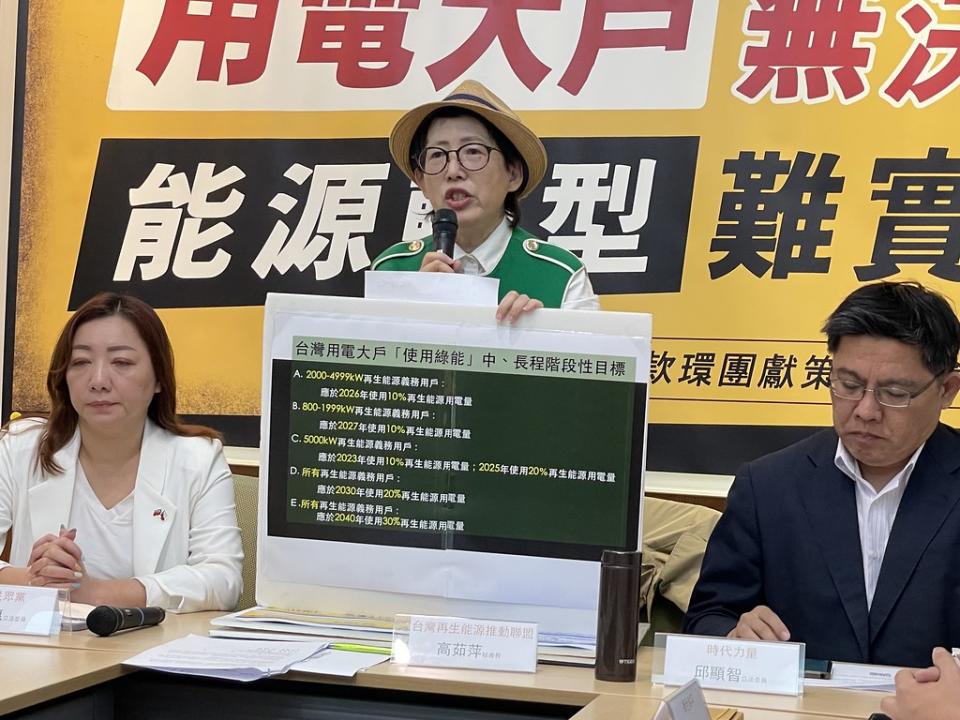 台灣再生能源推動聯盟秘書長高茹萍建議經濟部針對不同義務戶設定履行期限。攝影：劉庭莉