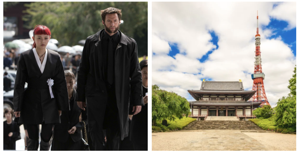 A photo of a film still from The Wolverine and Zojoji Temple.