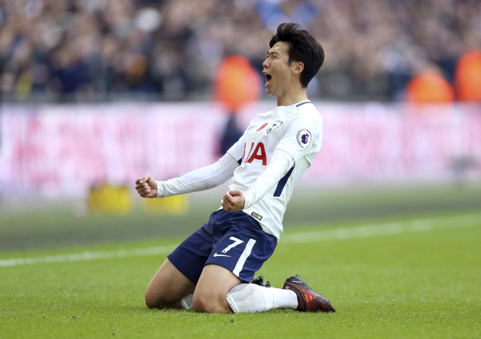 Tottenham Hotspur’s Son Heung-Min celebrates scoring his side’s first goal of the game