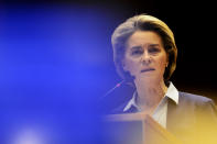 European Commission President Ursula von der Leyen speaks during a debate on the united EU approach to COVID-19 vaccinations at the European Parliament in Brussels, Wednesday, Feb. 10, 2021. (Johanna Geron, Pool via AP)