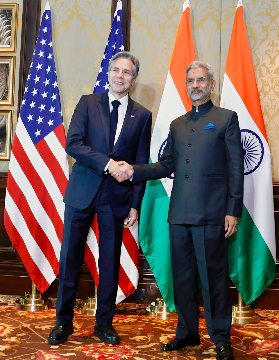 This handout photo obtained from the Indian Foreign Minister S. Jaishanker's page on X, formerly Twitter, shows U.S. Secretary of State Antony Blinken with Jaishankar in New Delhi, India, Friday, Nov. 10, 2023. The top diplomats and defense chiefs of India and the United States met in New Delhi focusing on security issues in the Indo-Pacific, China and the Israel-Hamas war. (Indian Foreign Minister S. Jaishanker via AP)