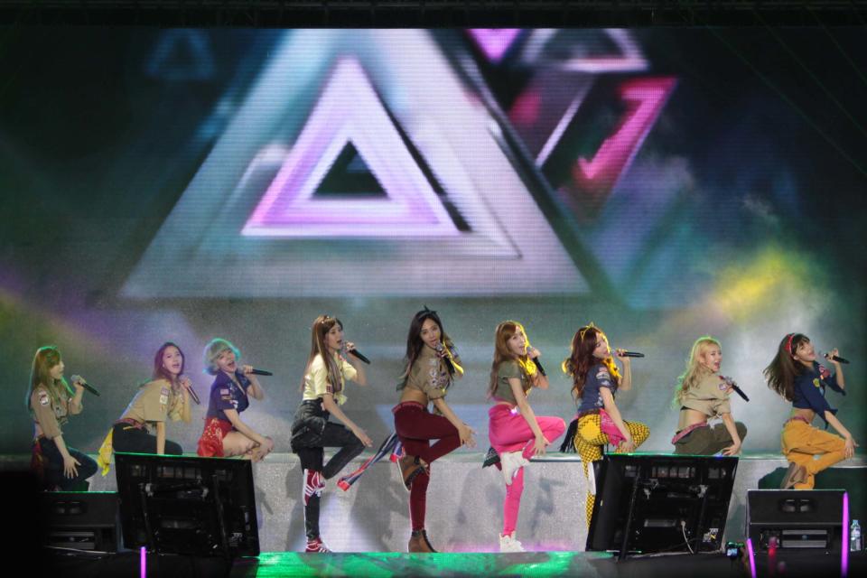 Kpop group "Girls Generation" performs for the crowd during the "Dream Kpop Fantasy Concert" held at the Mall of Asia grounds in Pasay city, south of Manila on 19 January 2013.