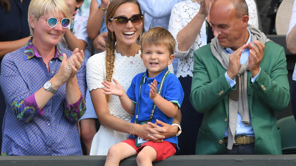 LONDON, ENGLAND – JULY 15: Jelena Djokovic and her son Stefan celebrate during the men’s singles final on day thirteen of the Wimbledon Tennis Championships at the All England Lawn Tennis and Croquet Club on July 15, 2018 in London, England. (Photo by Karwai Tang/WireImage )