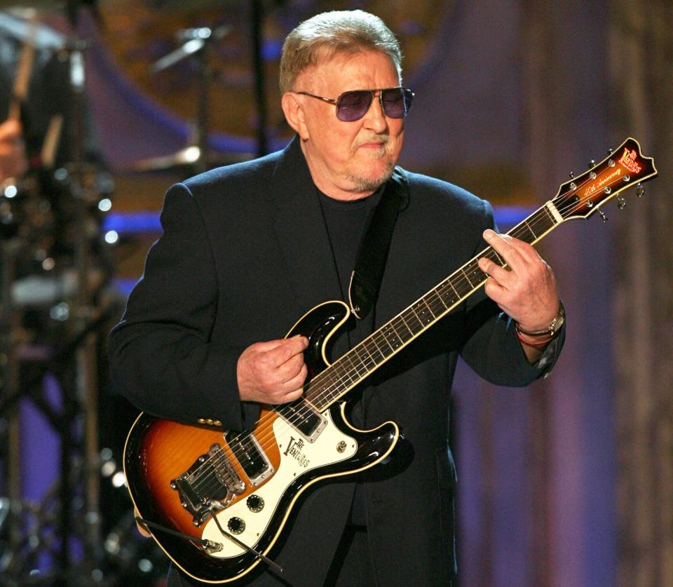 Honoree Don Wilson of The Ventures performs on stage during the 23rd Annual Rock and Roll Hall of Fame Induction Ceremony at the Waldorf Astoria on March 10, 2008 in New York City.