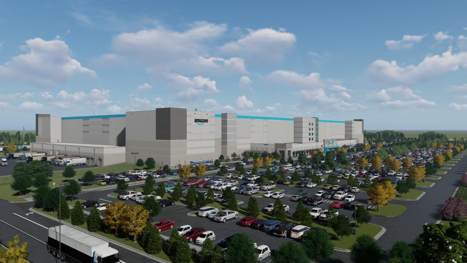 This is an artist's rendering on the 800,000-square-foot Amazon fulfillment center being built along the Indiana Toll Road in Elkhart County. The company is expected to begin filling positions at the facility in 2023.