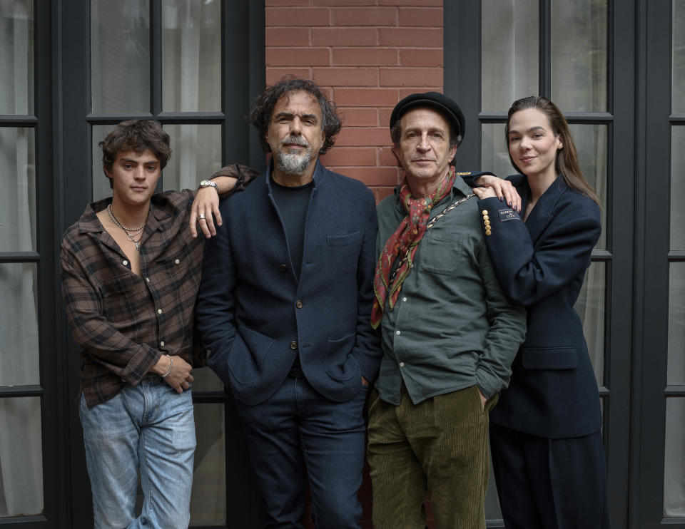 Iker Sanchez Solano, from left, Alejandro González Iñárritu, Daniel Gimenez Cacho, and Ximena Lamadrid pose for a portrait to promote the film "Bardo, False Chronicle of a Handful of Truths" on Tuesday, Oct. 25, 2022, in New York. (Photo by Christopher Smith/Invision/AP)