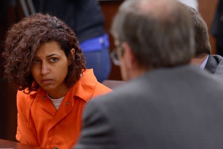 Sarah Ferguson (L) appears in court for a felony hearing relative to the beating of Christopher Leonard in New Hartford, New York October 21, 2015. REUTERS//Tina Russell/Observer-Dispatch/Pool via Reuters