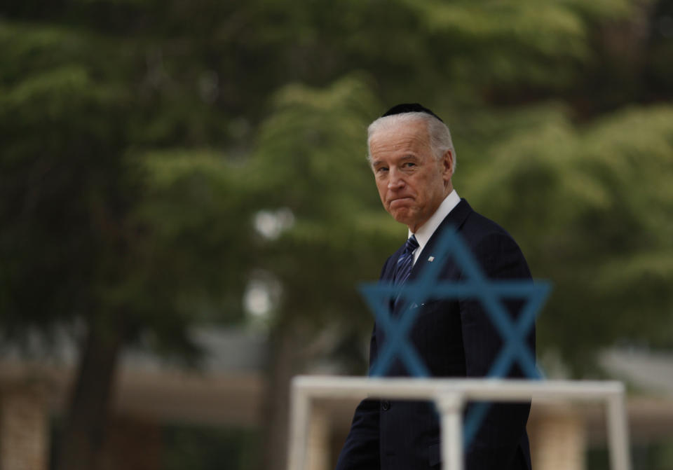 FILE - In this March 9, 2010, file photo, then-U.S. Vice President Joseph Biden walks in the cemetery on Mt. Herzel in Jerusalem. (AP Photo/Ariel Schalit, Pool, File)