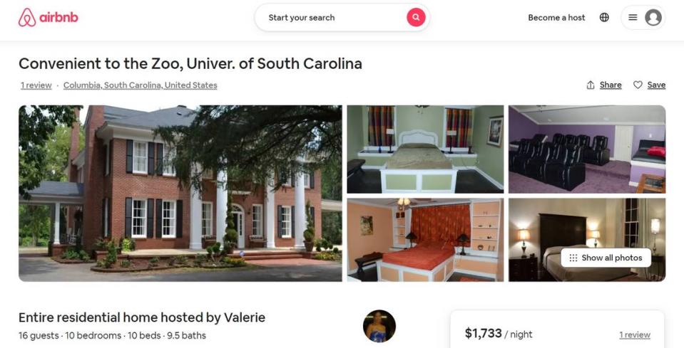 This screenshot shows an AirBnB rental in the Columbia area.