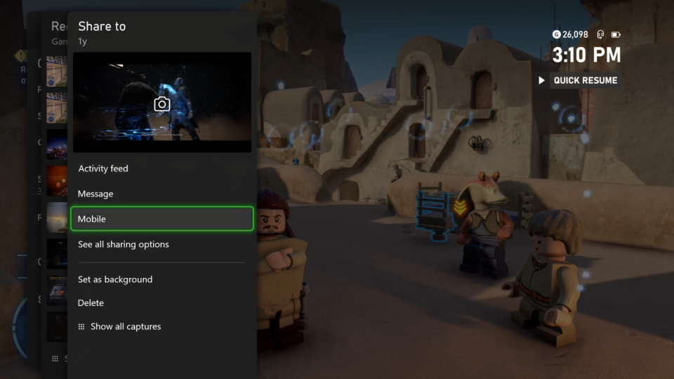 A screenshot of the Share menu for screenshots on an Xbox Series X/S.