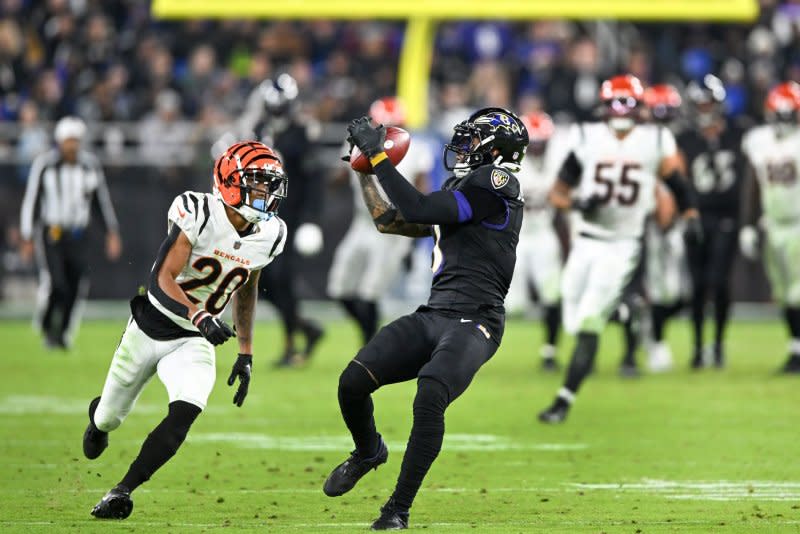 Former Baltimore Ravens wide receiver Odell Beckham Jr. (R) will join a Miami Dolphins pass-catching group that also features Tyreek Hill, Jaylen Waddle and Jonnu Smith. File Photo by David Tulis/UPI