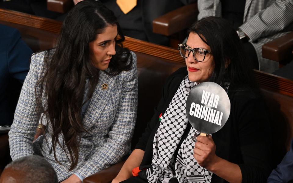 Rashida Tlaib, representative of Michigan, protests during Benjamin Netanyahu's speech