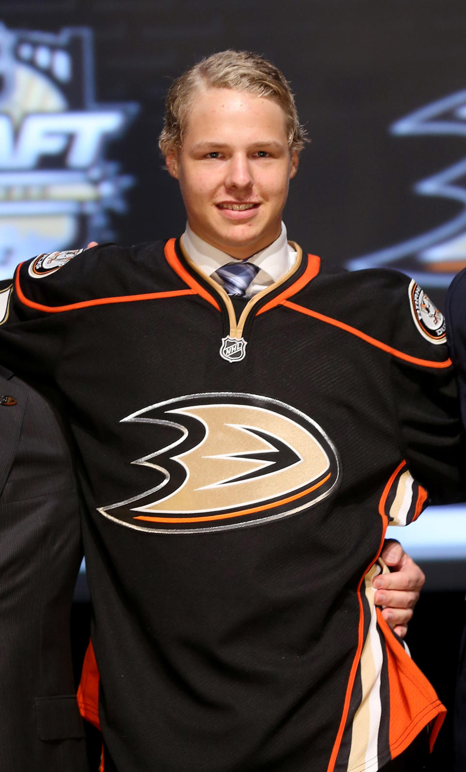 PITTSBURGH, PA - JUNE 22: Hampus Lindholm, sixth overall pick by the Anaheim Ducks, poses on stage during Round One of the 2012 NHL Entry Draft at Consol Energy Center on June 22, 2012 in Pittsburgh, Pennsylvania. (Photo by Bruce Bennett/Getty Images)
